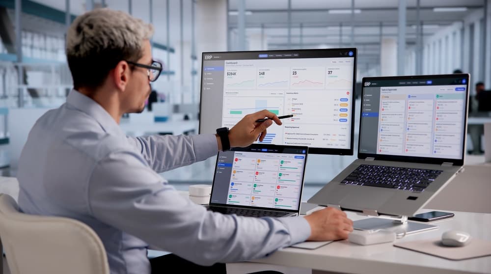 An operator reviewing a SaaS dashboard across three screens in a bright office
