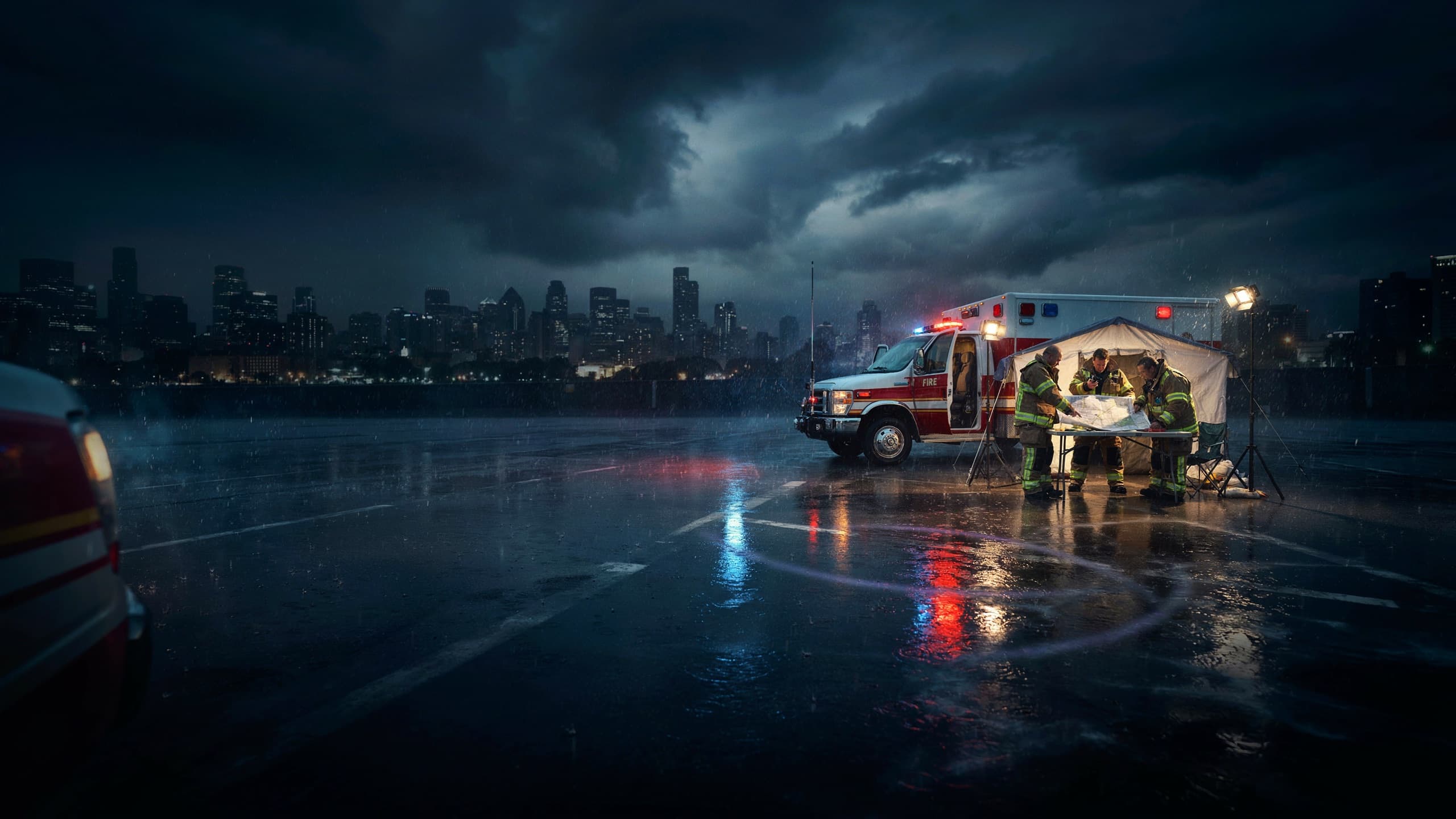 An emergency operations scene at night with a command vehicle, emergency workers reviewing maps under flood lights, rain-wet streets.