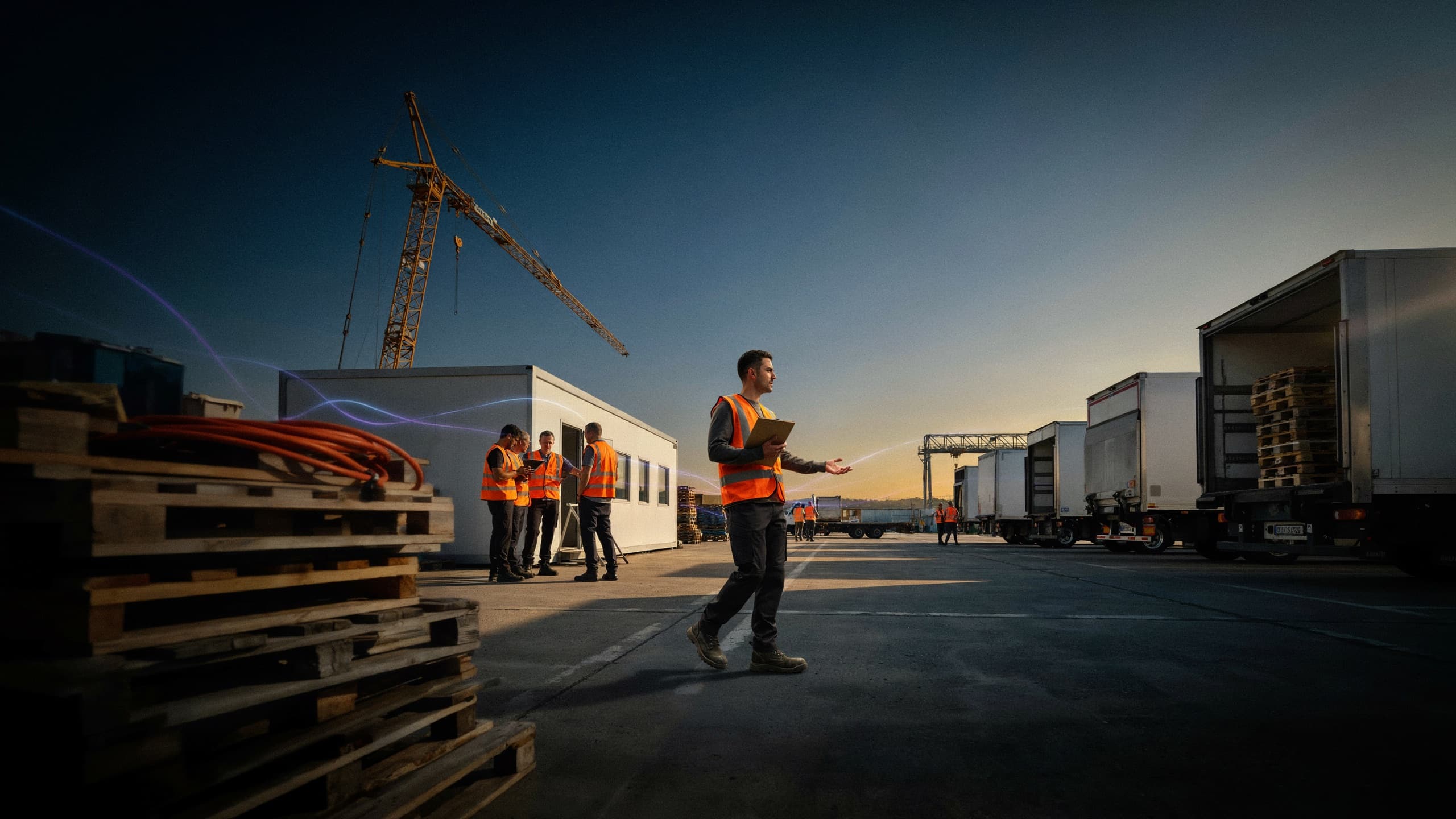A logistics yard at golden hour with trucks lined up, workers in hi-vis vests near a dispatch station.