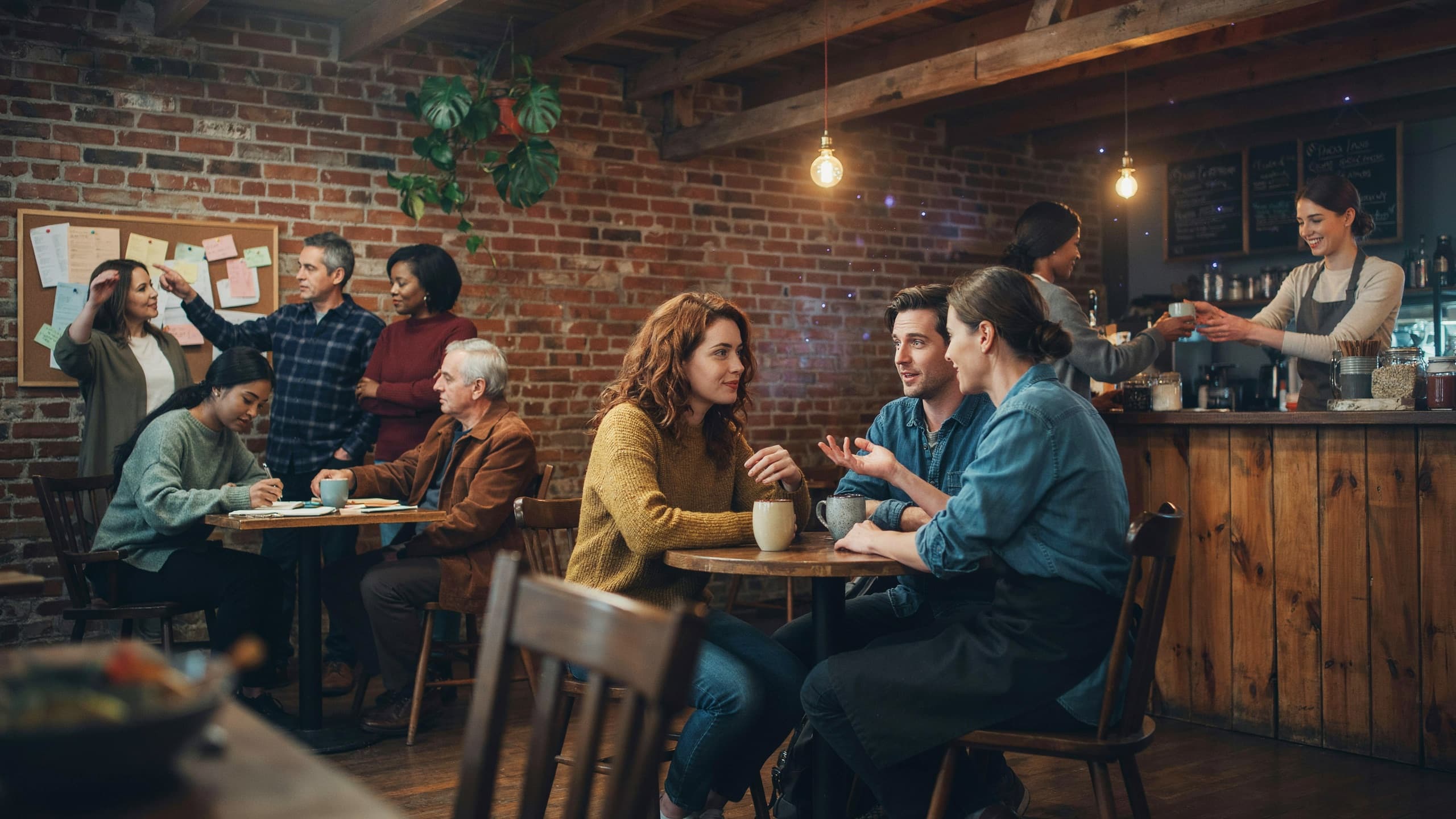 A warm community cafe with exposed brick and pendant lighting, people engaged in genuine conversation at small tables.