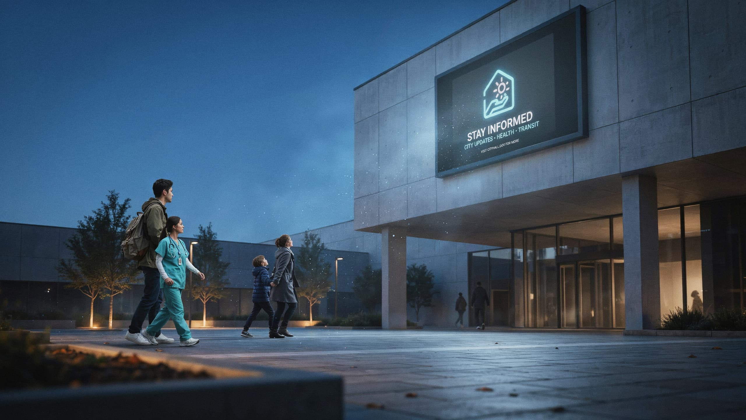 A modern civic center at blue hour with citizens walking through the plaza and a digital information board on the facade.