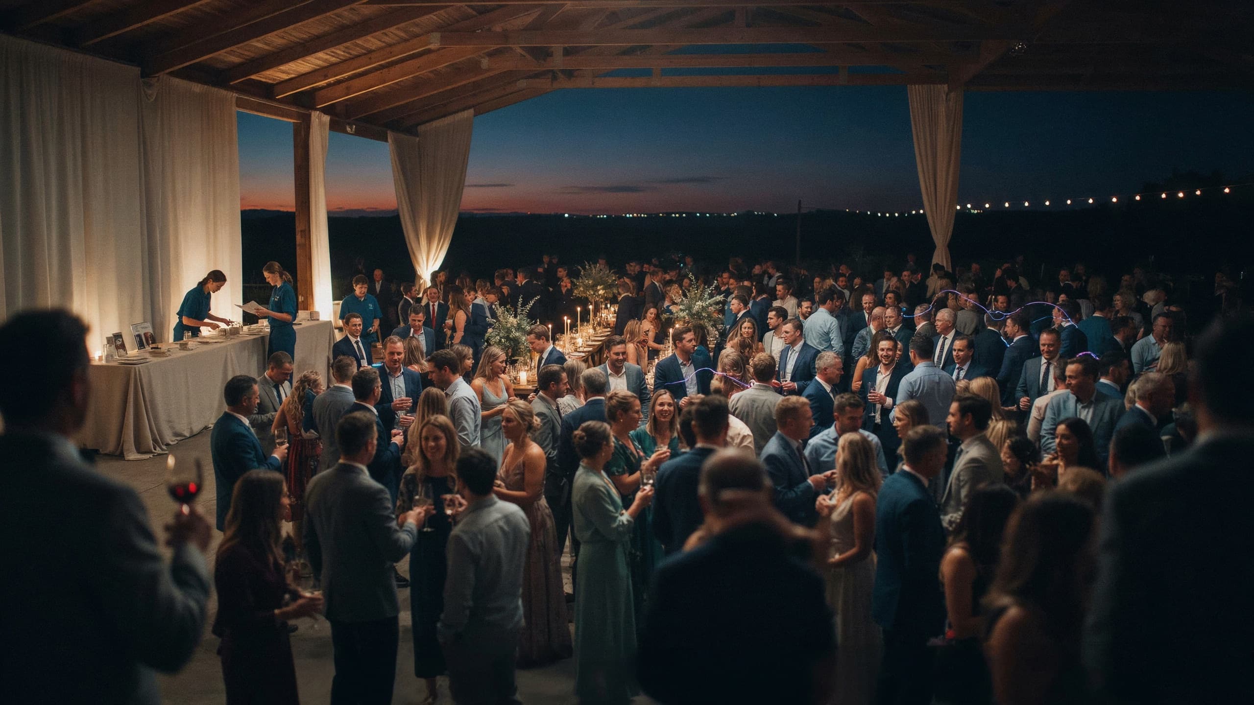 A twilight outdoor gala under a grand open-air tent with dozens of attendees mingling, warm golden uplighting.