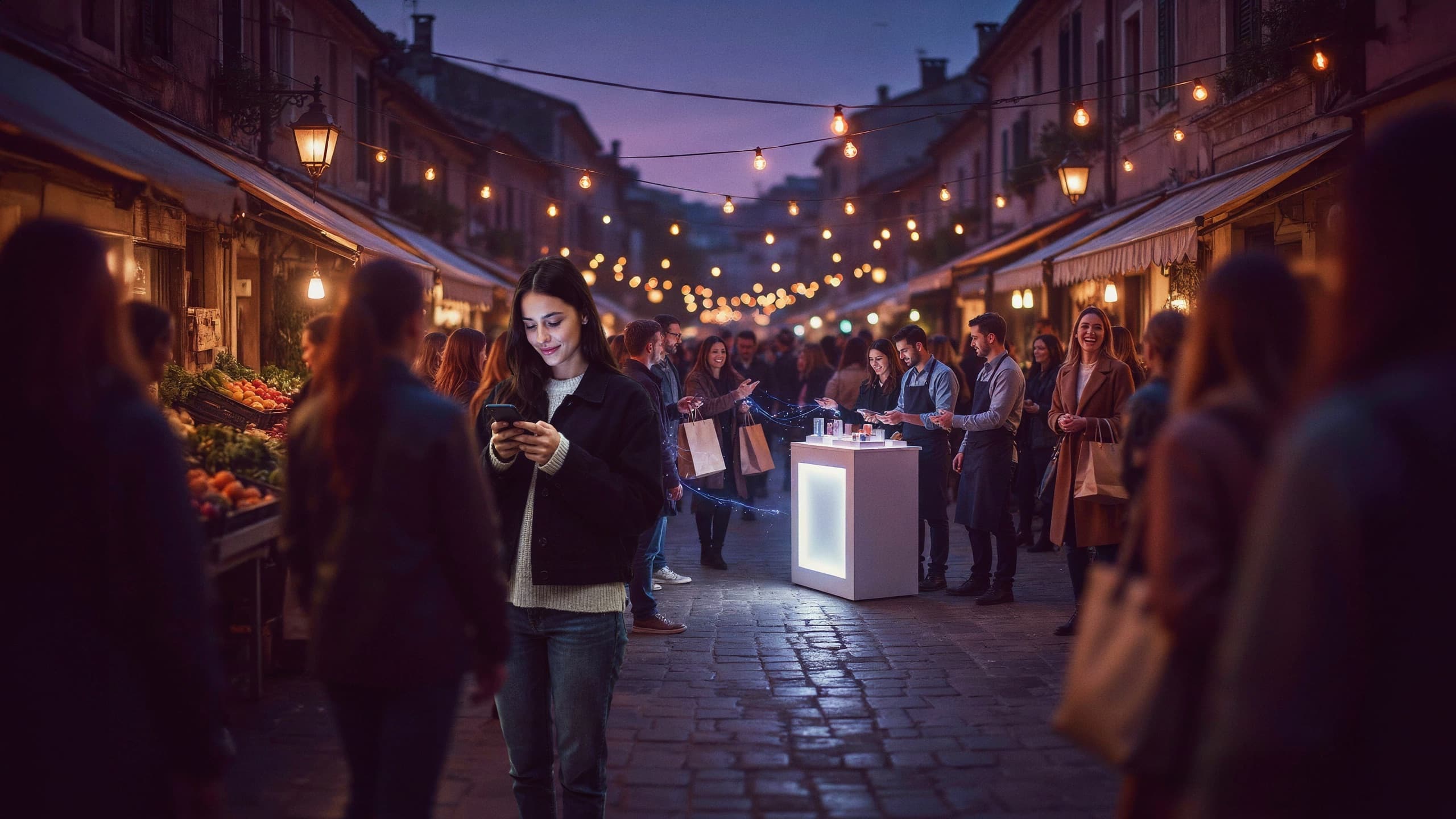 A vibrant outdoor retail event at dusk with engaged shoppers near an illuminated pop-up stand, string lights overhead.