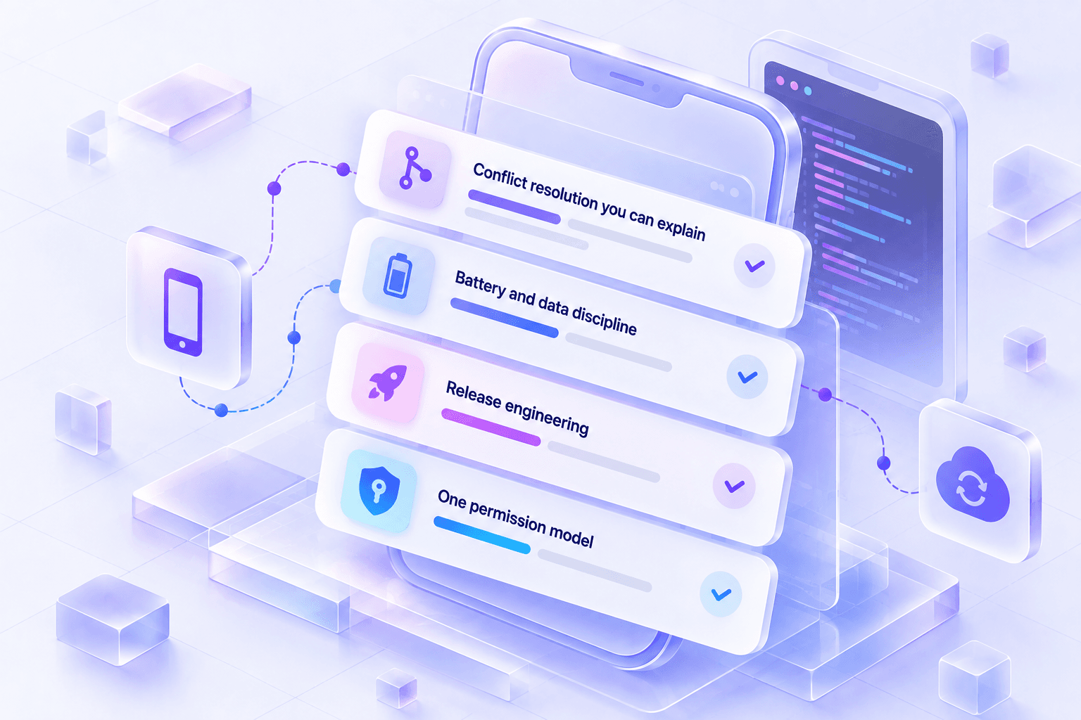 Four stacked capability cards — conflict resolution, battery and data discipline, release engineering, one permission model — in front of a phone panel