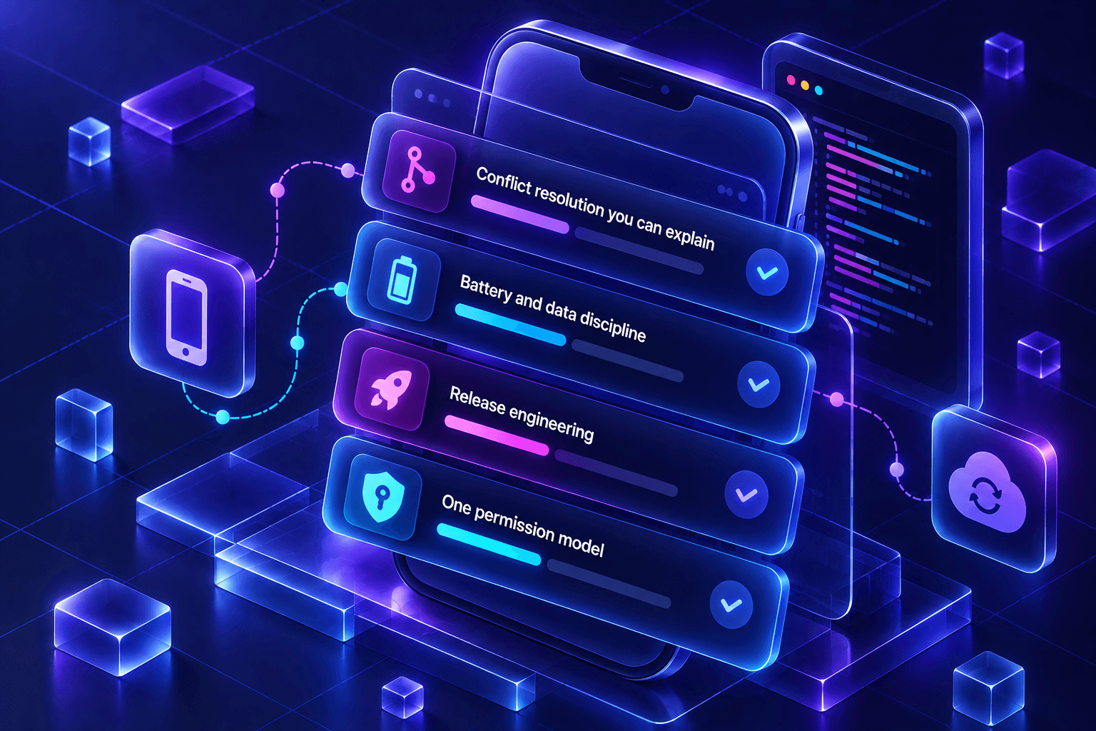 Four stacked capability cards — conflict resolution, battery and data discipline, release engineering, one permission model — in front of a phone panel