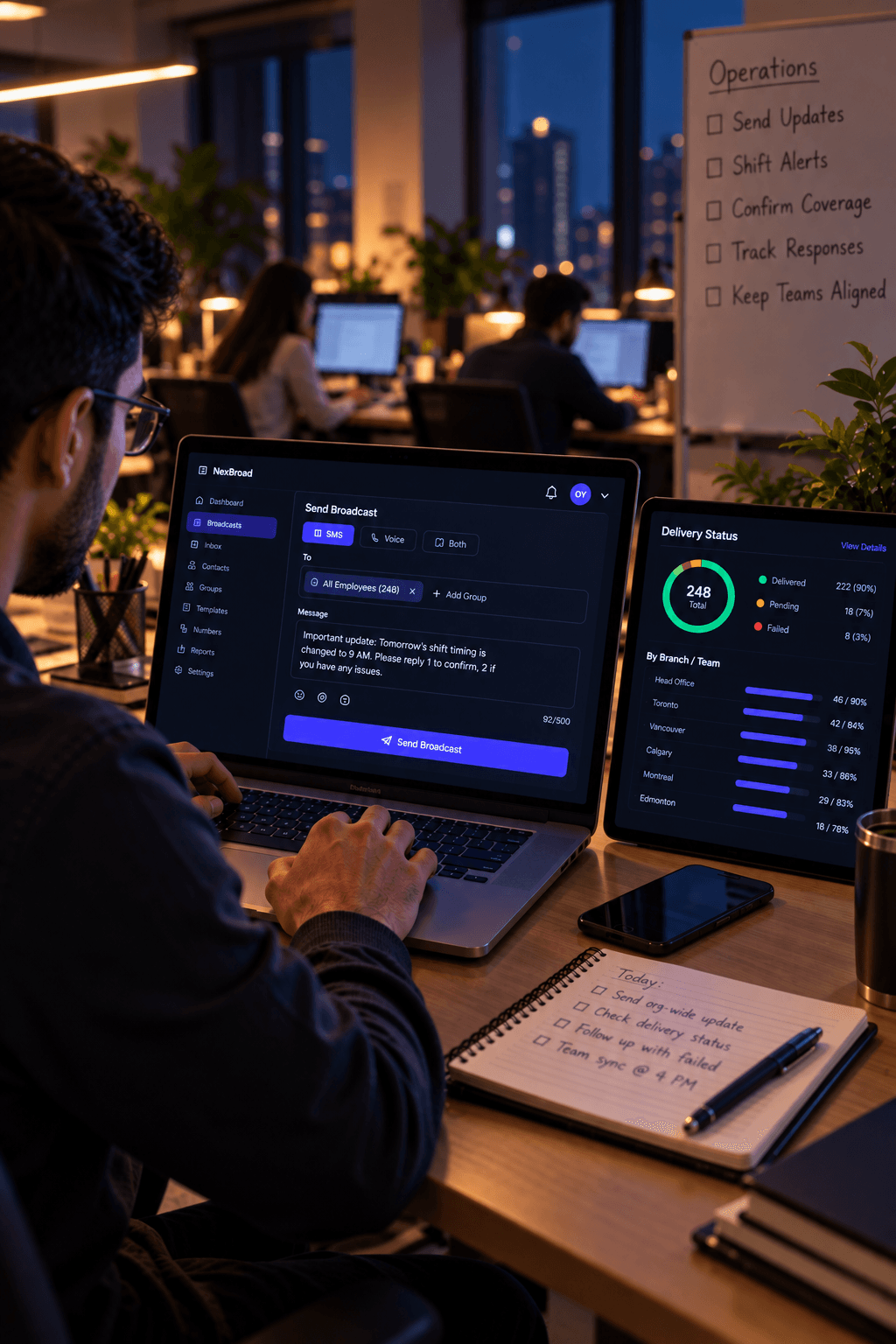 An operations manager sending an org-wide broadcast and watching delivery status roll up across branches