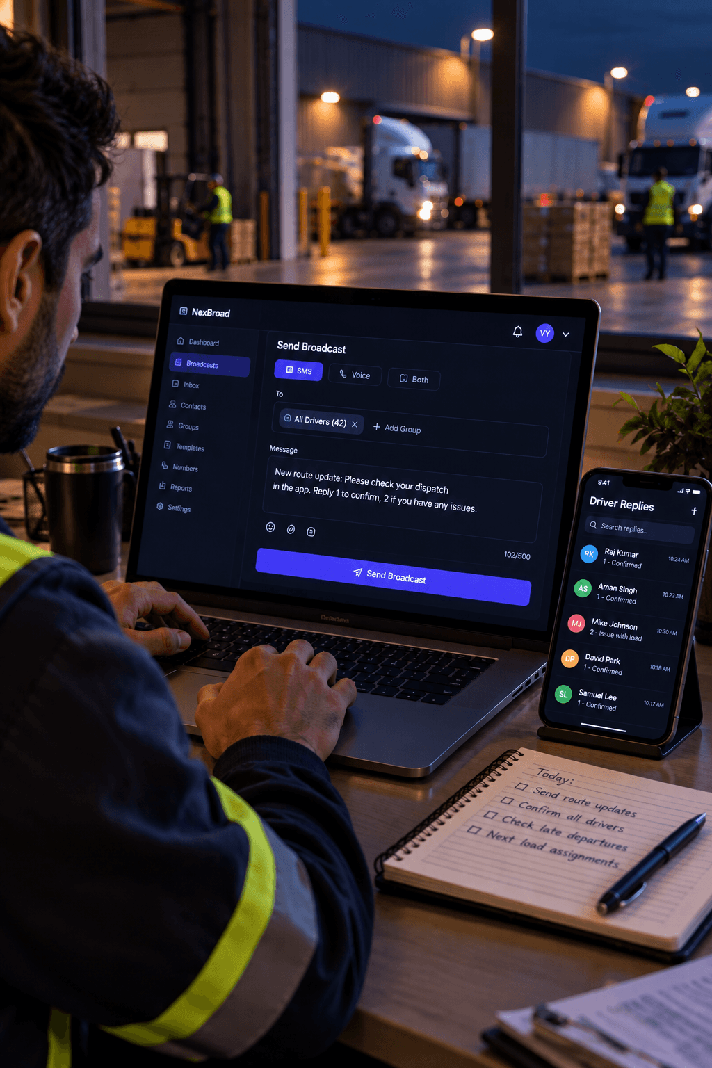 A dispatcher sending a driver broadcast and watching route confirmations come back