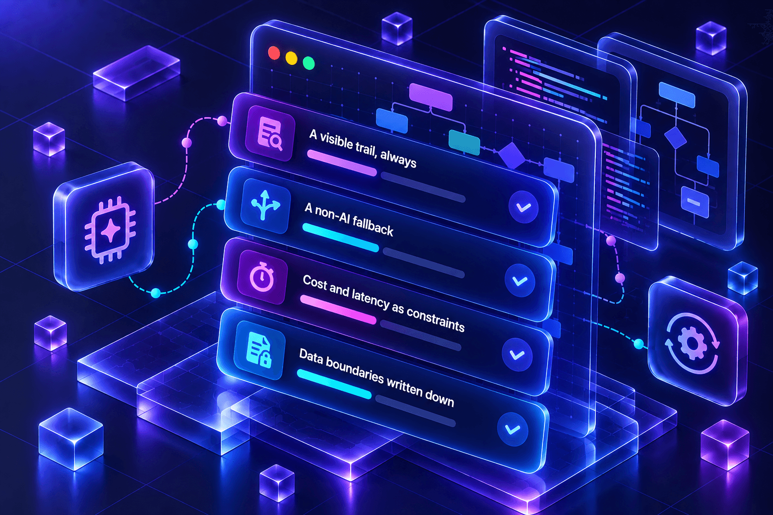 Four stacked capability cards — a visible trail, a non-AI fallback, cost and latency as constraints, written data boundaries — beside an AI chip and workflow diagram