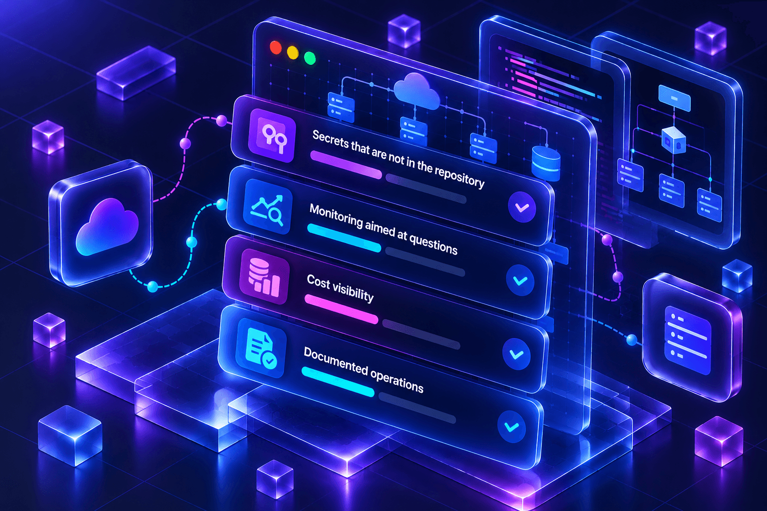Four stacked capability cards — secrets kept out of the repository, monitoring aimed at questions, cost visibility, documented operations — beside a cloud tile and an infrastructure diagram