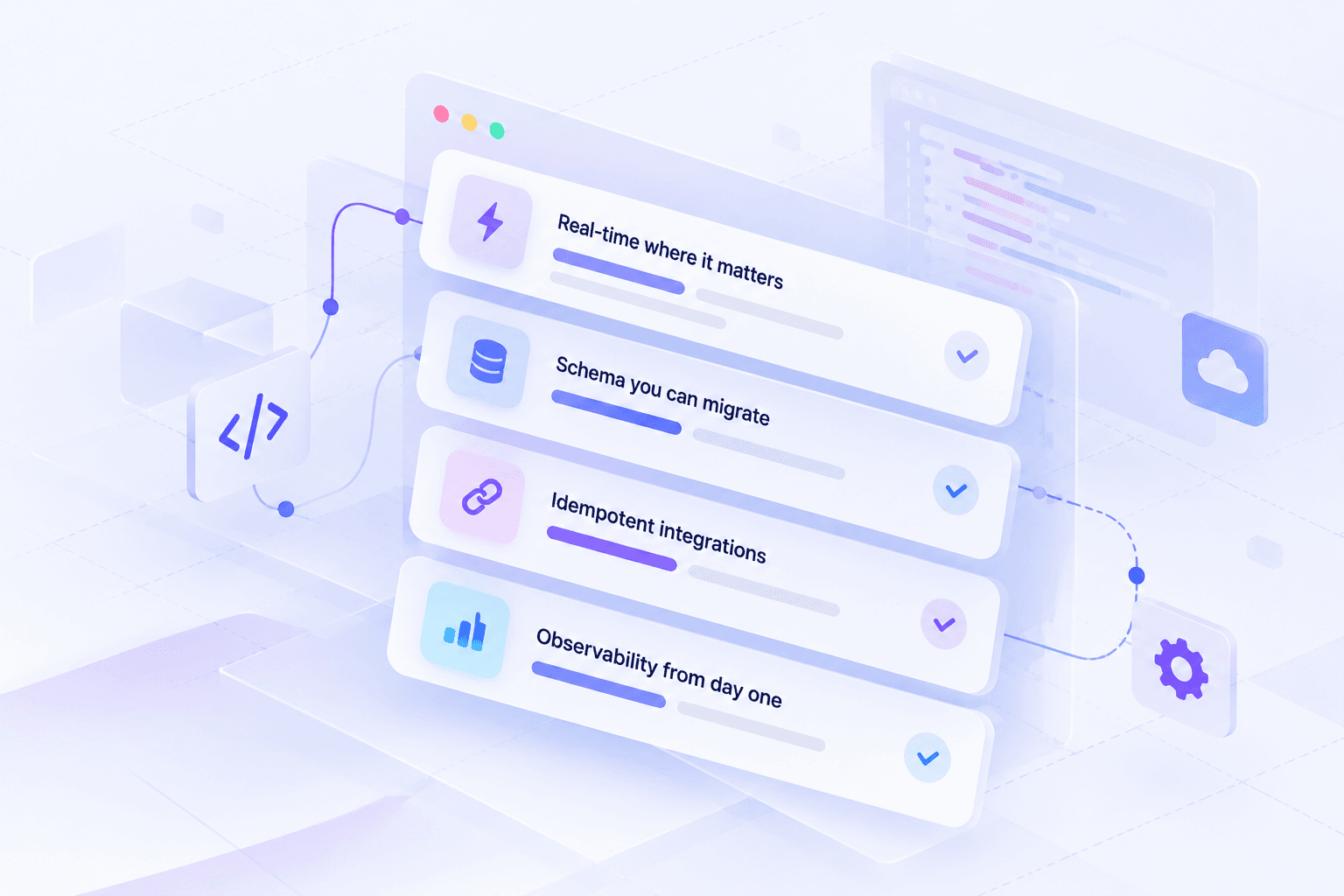 Four stacked capability cards — real-time, schema migration, idempotent integrations, observability — among code, cloud and settings tiles