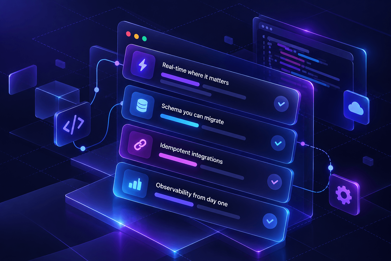 Four stacked capability cards — real-time, schema migration, idempotent integrations, observability — among code, cloud and settings tiles