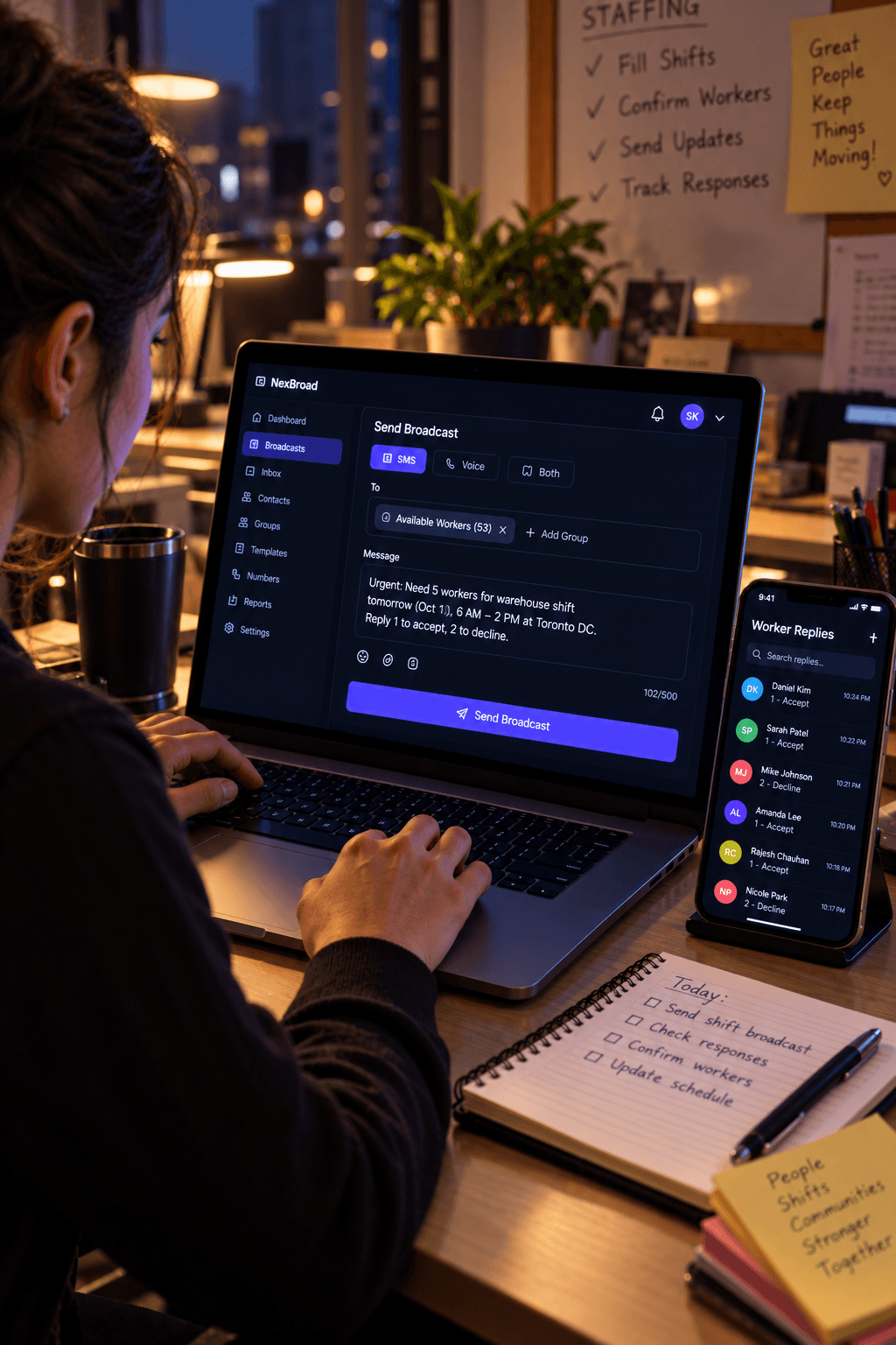 A staffing coordinator sending a shift-fill broadcast and watching workers reply to accept or decline